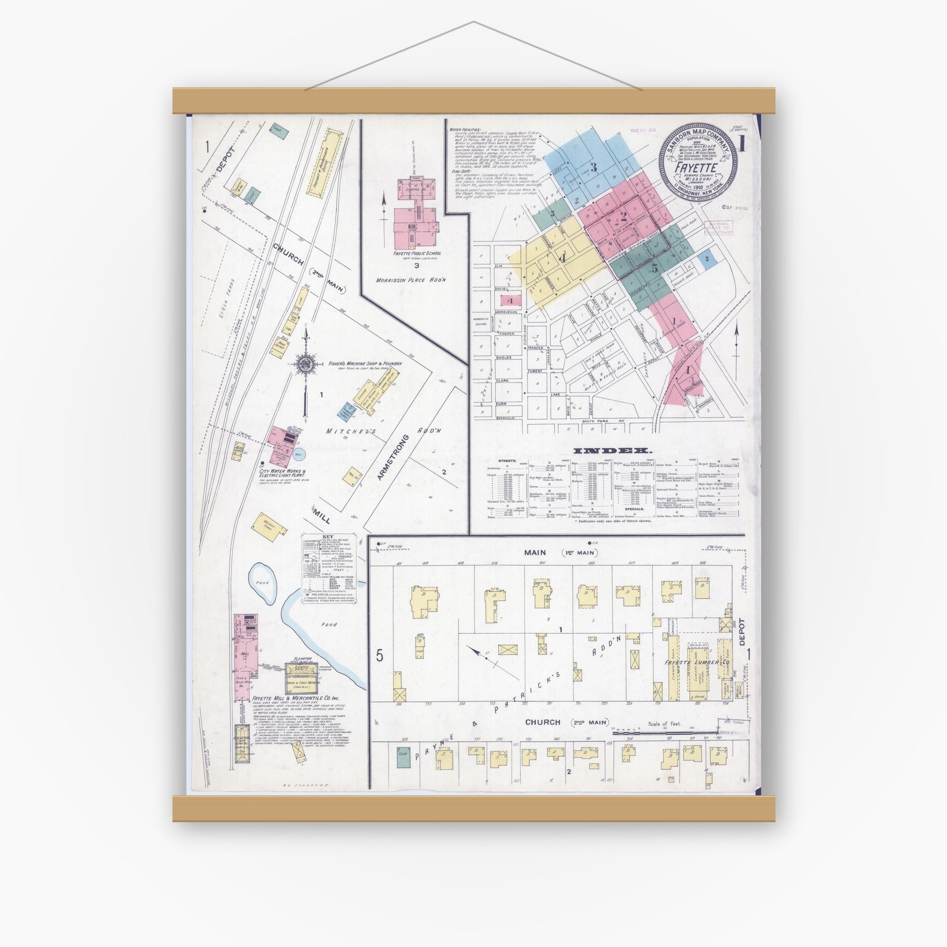 Old map wall art mockup — magnetic wood frame on white wall — Sanborn Fire Insurance Map from Fayette, Howard County, Missouri (1910) - Complete Map Set