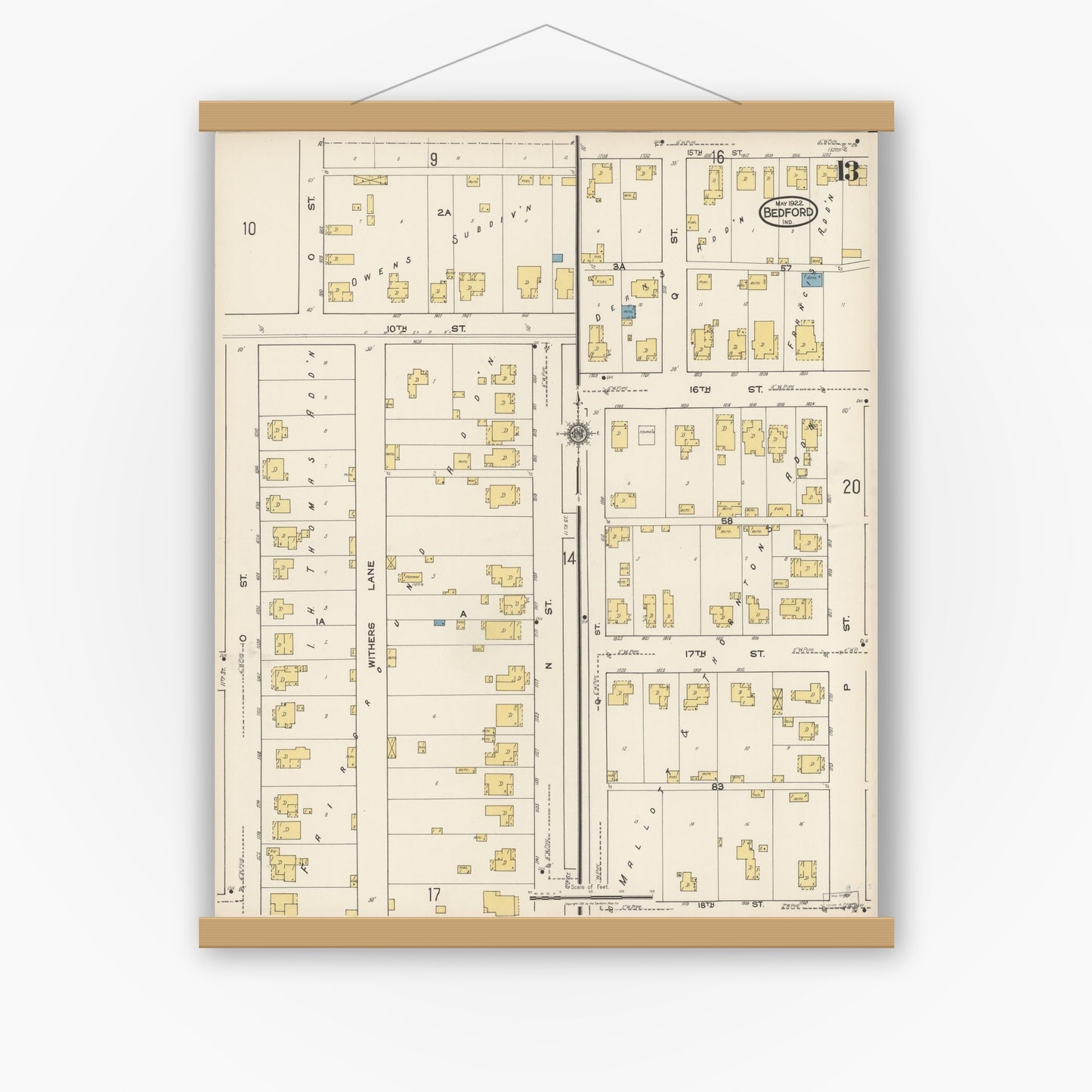 Old map wall art mockup — magnetic wood frame on white wall — Sanborn Fire Insurance Map from Bedford, Lawrence County, Indiana (1922), Sheet #0013