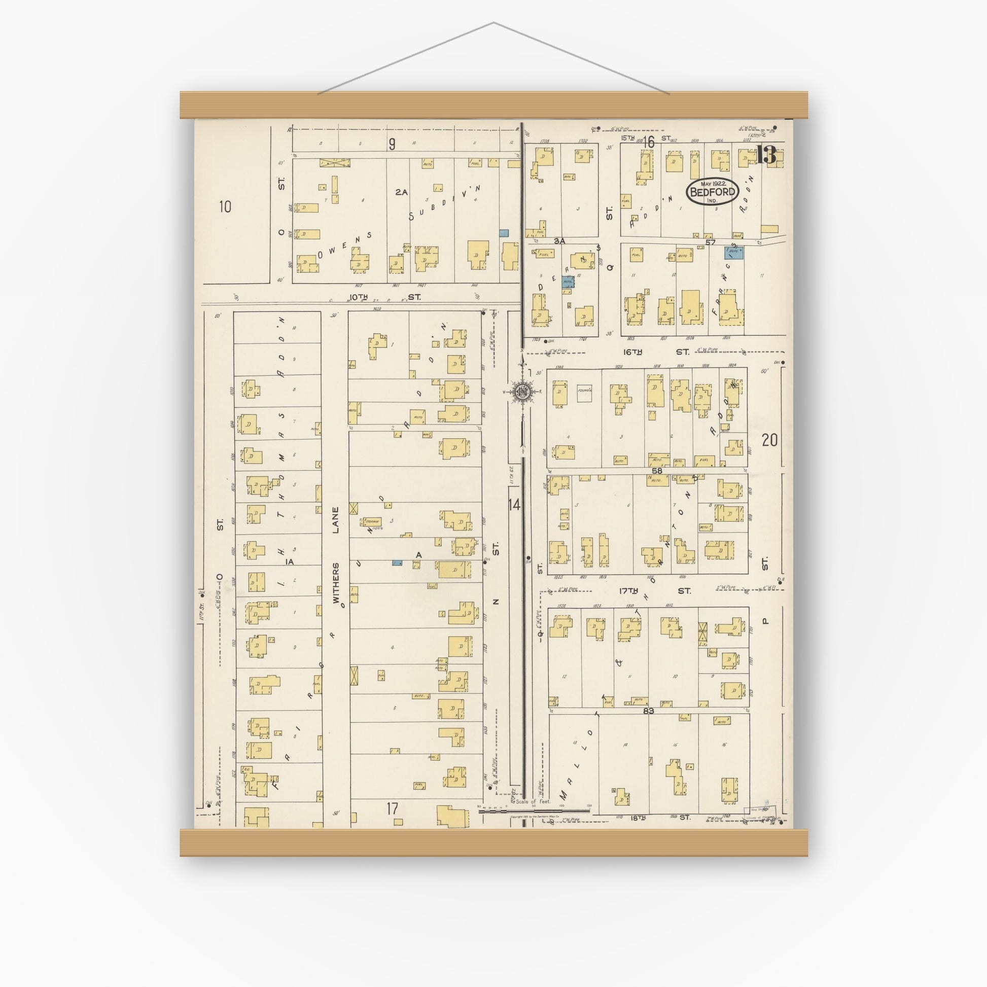 Old map wall art mockup — magnetic wood frame on white wall — Sanborn Fire Insurance Map from Bedford, Lawrence County, Indiana (1922), Sheet #0013