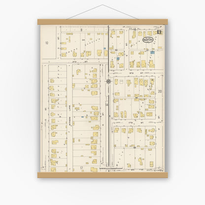 Old map wall art mockup — magnetic wood frame on white wall — Sanborn Fire Insurance Map from Bedford, Lawrence County, Indiana (1922), Sheet #0013
