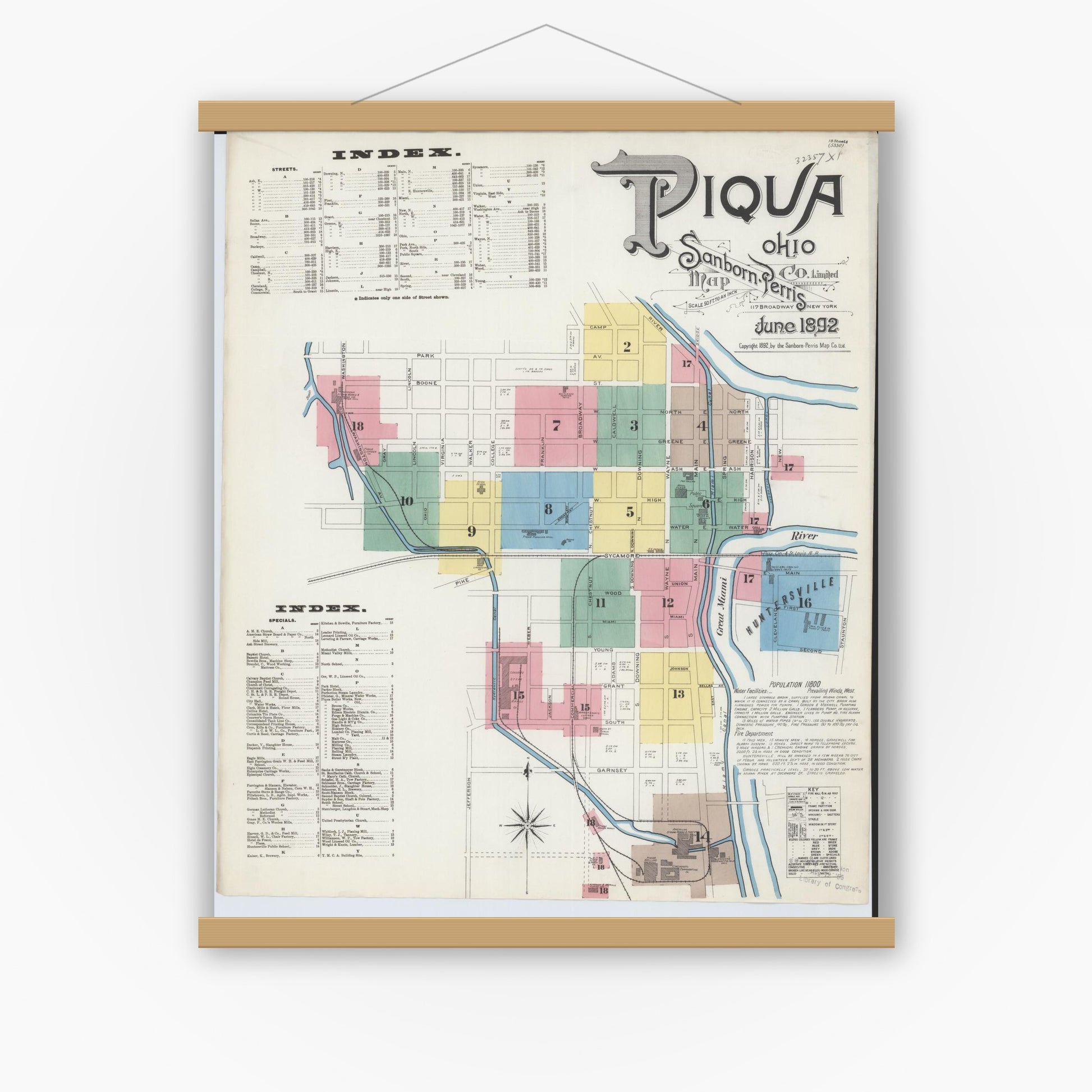 Old map wall art mockup — magnetic wood frame on white wall — Sanborn Fire Insurance Map from Piqua, Miami County, Ohio (1892) - Complete Map Set