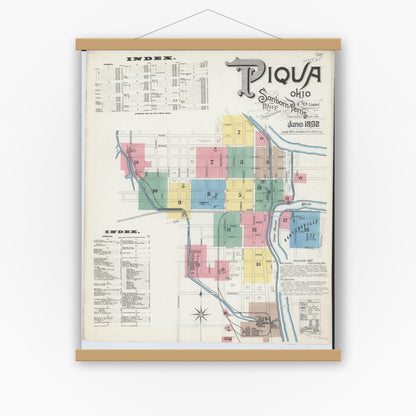 Old map wall art mockup — magnetic wood frame on white wall — Sanborn Fire Insurance Map from Piqua, Miami County, Ohio (1892) - Complete Map Set