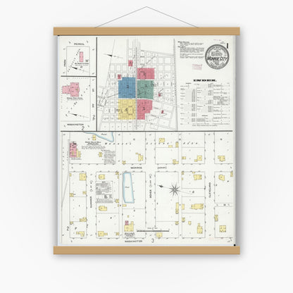 Old map wall art mockup — magnetic wood frame on white wall — Sanborn Fire Insurance Map from Monroe City, Monroe County, Missouri (1909) - Complete Map Set