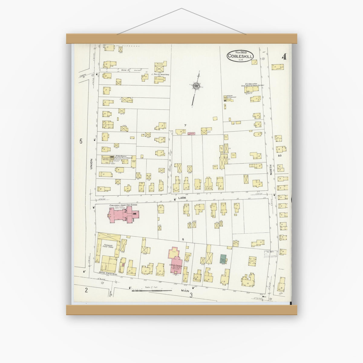 Old map wall art mockup — magnetic wood frame on white wall — Sanborn Fire Insurance Map from Cobleskill, Schoharie County, New York (1909), Sheet #0004