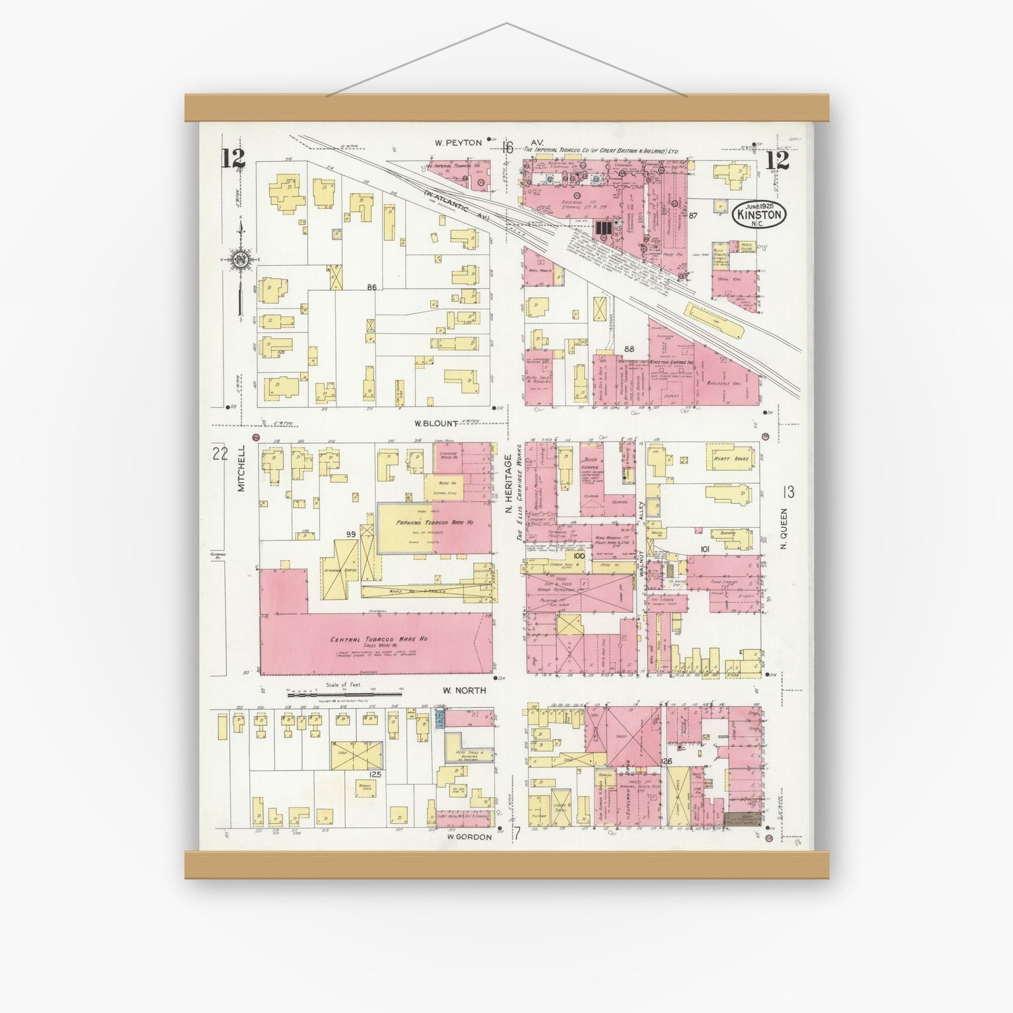 Old map wall art mockup — magnetic wood frame on white wall — Sanborn Fire Insurance Map from Kinston, Lenoir County, North Carolina (1925), Sheet #0012