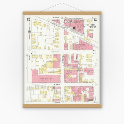 Old map wall art mockup — magnetic wood frame on white wall — Sanborn Fire Insurance Map from Kinston, Lenoir County, North Carolina (1925), Sheet #0012