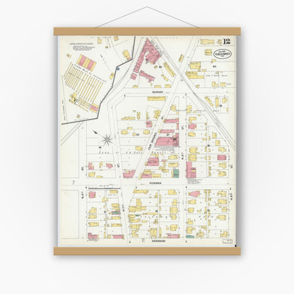 Old map wall art mockup — magnetic wood frame on white wall — Sanborn Fire Insurance Map from Vincennes, Knox County, Indiana (1902), Sheet #0012