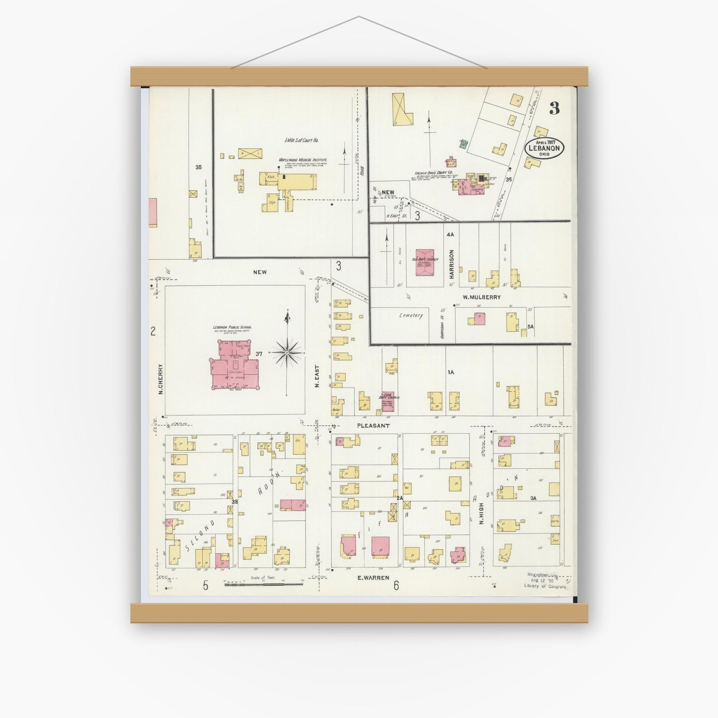 Old map wall art mockup — magnetic wood frame on white wall — Sanborn Fire Insurance Map from Lebanon, Warren County, Ohio (1907), Sheet #0003