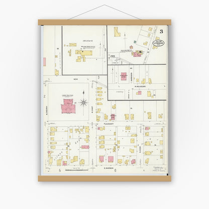 Old map wall art mockup — magnetic wood frame on white wall — Sanborn Fire Insurance Map from Lebanon, Warren County, Ohio (1907), Sheet #0003