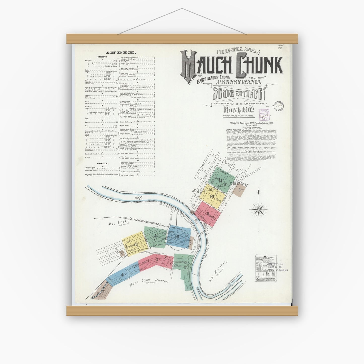 Old map wall art mockup — magnetic wood frame on white wall — Sanborn Fire Insurance Map from Mauch Chunk, Carbon County, Pennsylvania (1902) - Complete Map Set