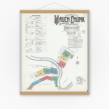 Old map wall art mockup — magnetic wood frame on white wall — Sanborn Fire Insurance Map from Mauch Chunk, Carbon County, Pennsylvania (1902) - Complete Map Set