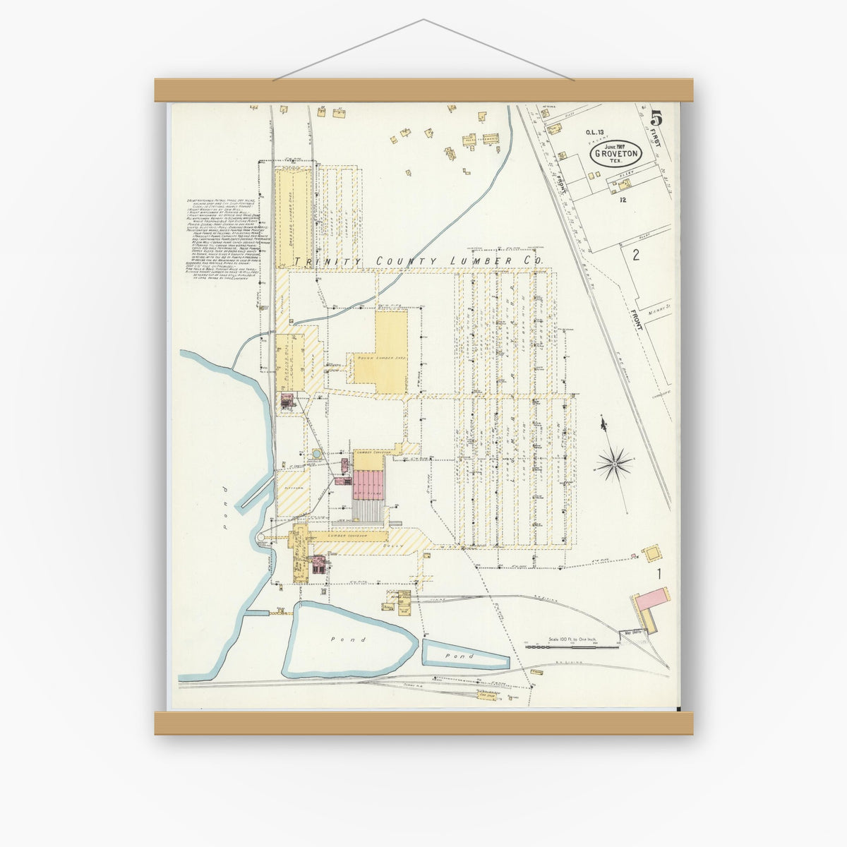 Old map wall art mockup — magnetic wood frame on white wall — Sanborn Fire Insurance Map from Groveton, Trinity County, Texas (1907), Sheet #0005