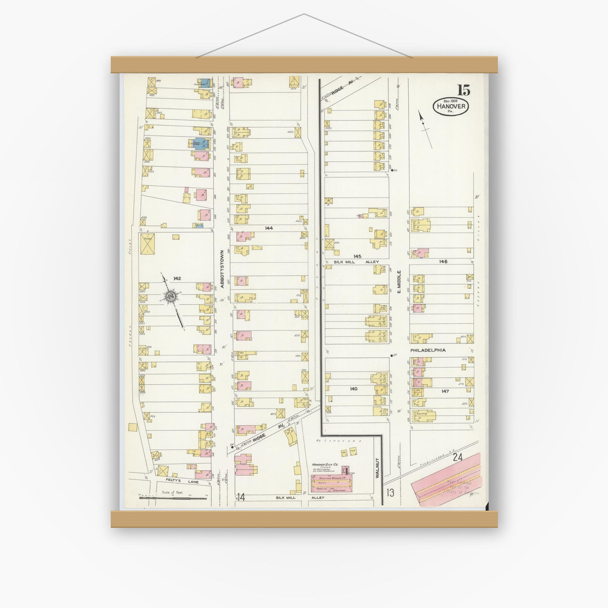 Old map wall art mockup — magnetic wood frame on white wall — Sanborn Fire Insurance Map from Hanover, York County, Pennsylvania (1909), Sheet #0015