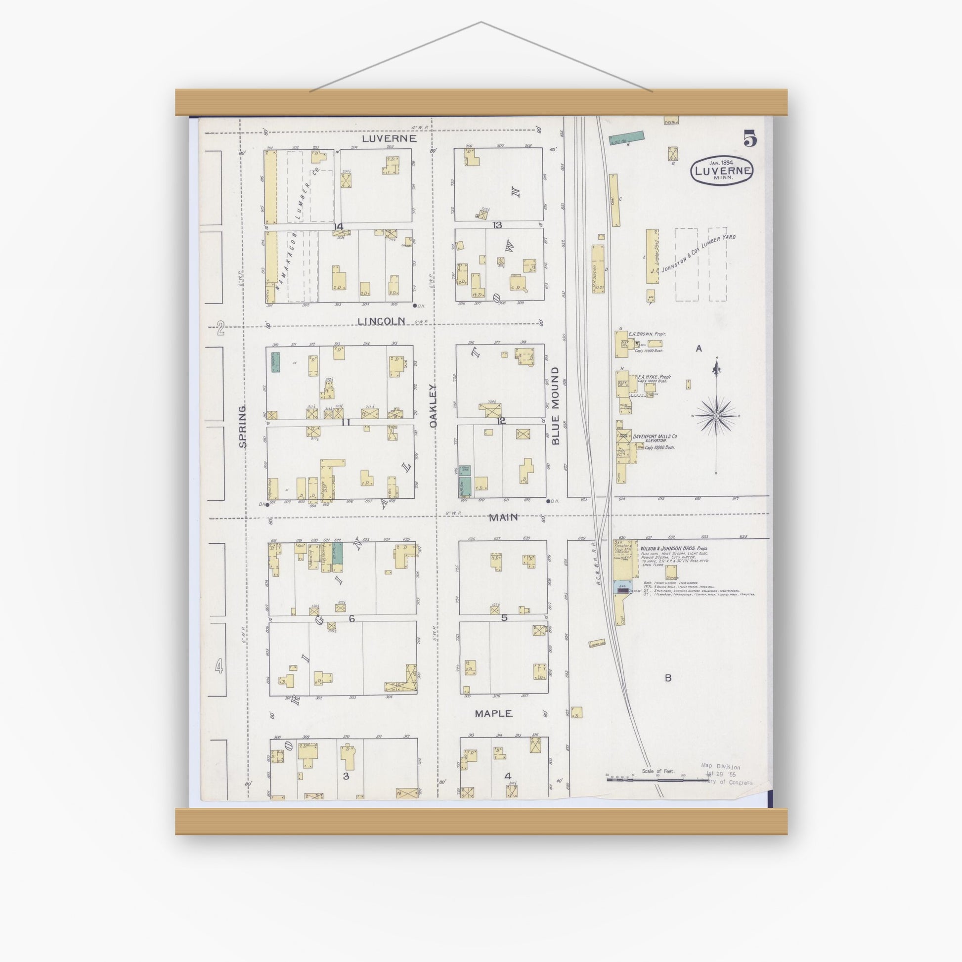 Old map wall art mockup — magnetic wood frame on white wall — Sanborn Fire Insurance Map from Luverne, Rock County, Minnesota (1894), Sheet #0005