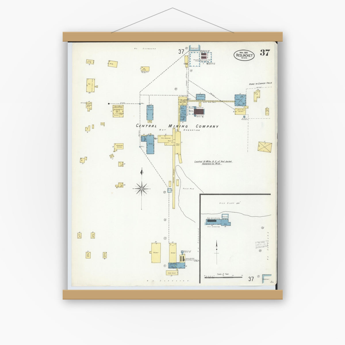 Old map wall art mockup — magnetic wood frame on white wall — Sanborn Fire Insurance Map from Red Jacket, Houghton County, Michigan (1908), Sheet #0037