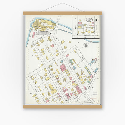 Old map wall art mockup — magnetic wood frame on white wall — Sanborn Fire Insurance Map from Walden, Orange County, New York (1900), Sheet #0002