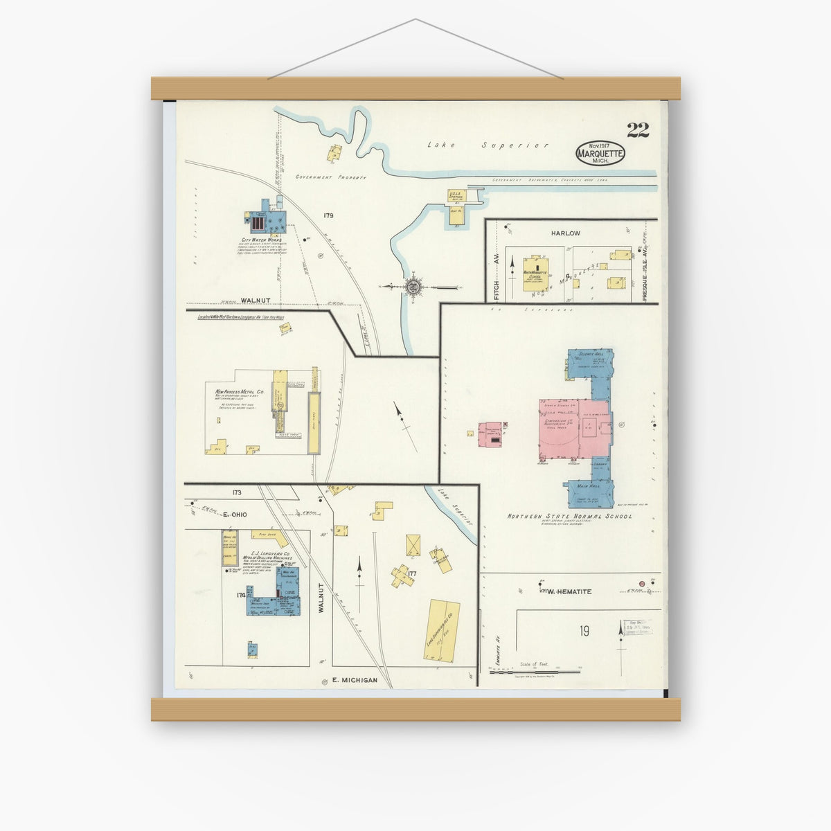 Old map wall art mockup — magnetic wood frame on white wall — Sanborn Fire Insurance Map from Marquette, Marquette County, Michigan (1917), Sheet #0022