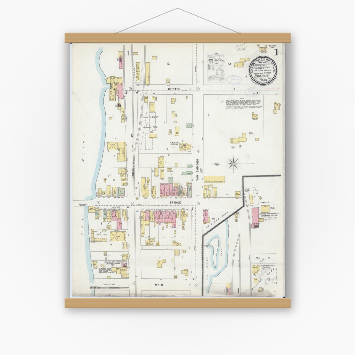 Old map wall art mockup — magnetic wood frame on white wall — Sanborn Fire Insurance Map from Yorkville, Kendall County, Illinois (1898), Sheet #0001