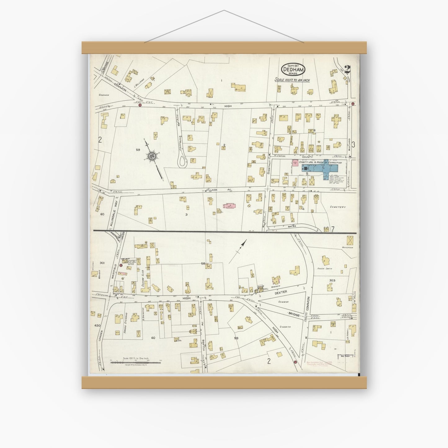 Old map wall art mockup — magnetic wood frame on white wall — Sanborn Fire Insurance Map from Dedham, Norfolk County, Massachusetts (1917), Sheet #0002