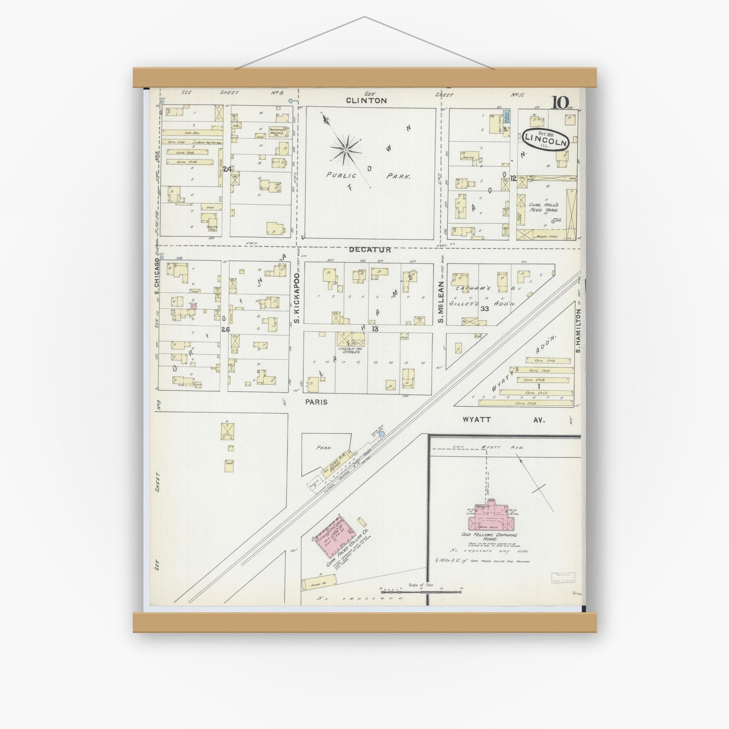 Old map wall art mockup — magnetic wood frame on white wall — Sanborn Fire Insurance Map from Lincoln, Logan County, Illinois (1891), Sheet #0010