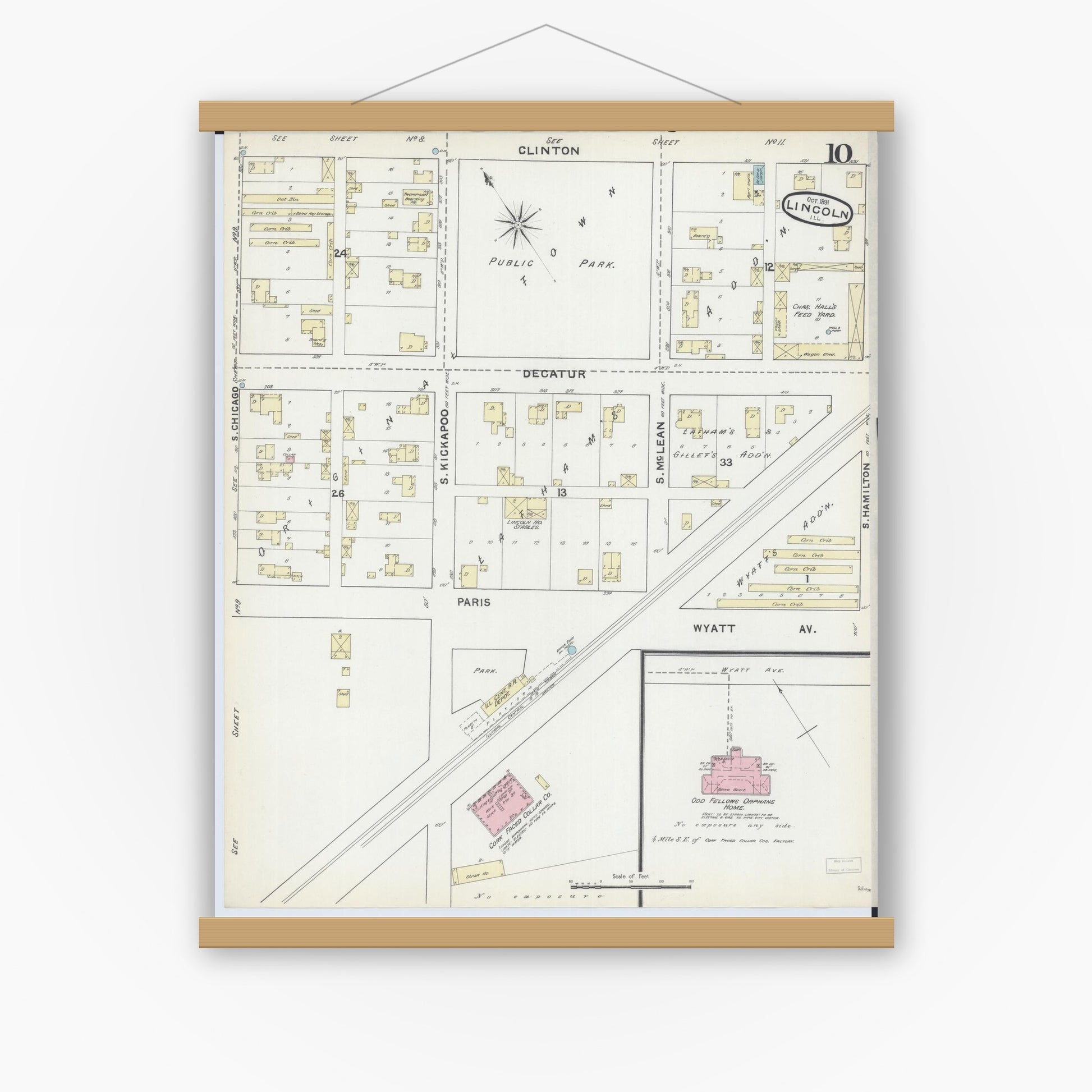 Old map wall art mockup — magnetic wood frame on white wall — Sanborn Fire Insurance Map from Lincoln, Logan County, Illinois (1891), Sheet #0010