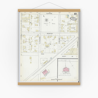 Old map wall art mockup — magnetic wood frame on white wall — Sanborn Fire Insurance Map from Lincoln, Logan County, Illinois (1891), Sheet #0010