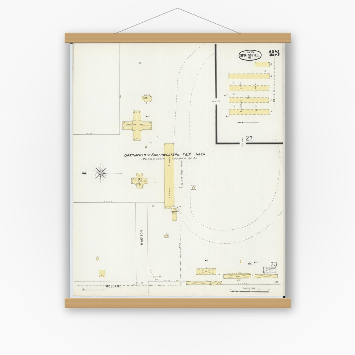 Old map wall art mockup — magnetic wood frame on white wall — Sanborn Fire Insurance Map from Springfield, Greene County, Missouri (1896), Sheet #0023