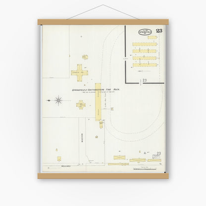 Old map wall art mockup — magnetic wood frame on white wall — Sanborn Fire Insurance Map from Springfield, Greene County, Missouri (1896), Sheet #0023