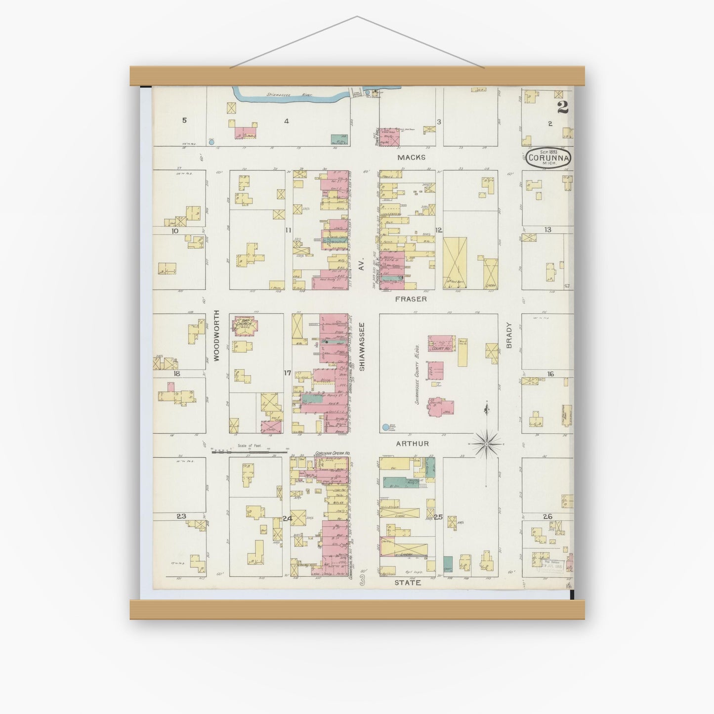 Old map wall art mockup — magnetic wood frame on white wall — Sanborn Fire Insurance Map from Corunna, Shiawassee County, Michigan (1893), Sheet #0002