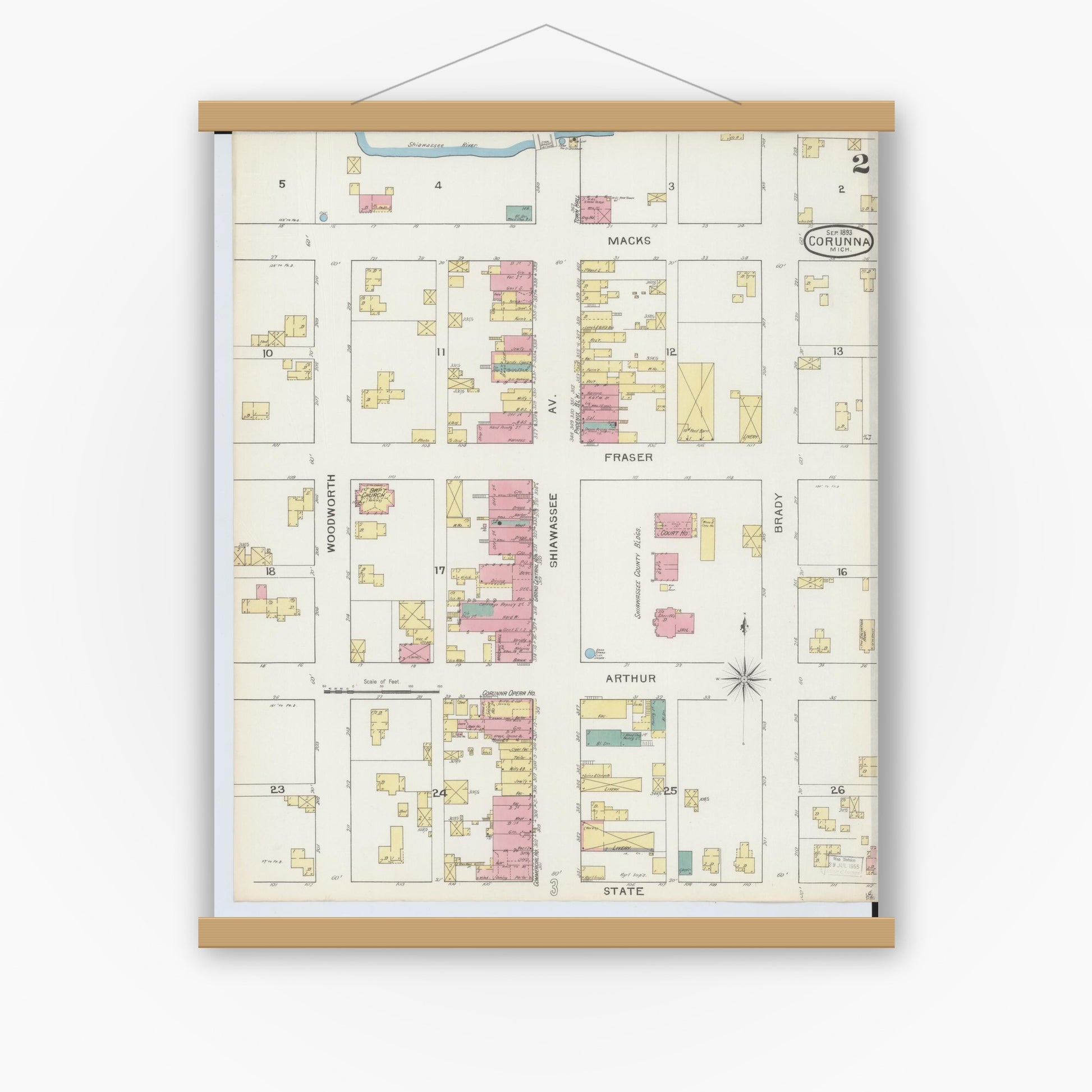 Old map wall art mockup — magnetic wood frame on white wall — Sanborn Fire Insurance Map from Corunna, Shiawassee County, Michigan (1893), Sheet #0002
