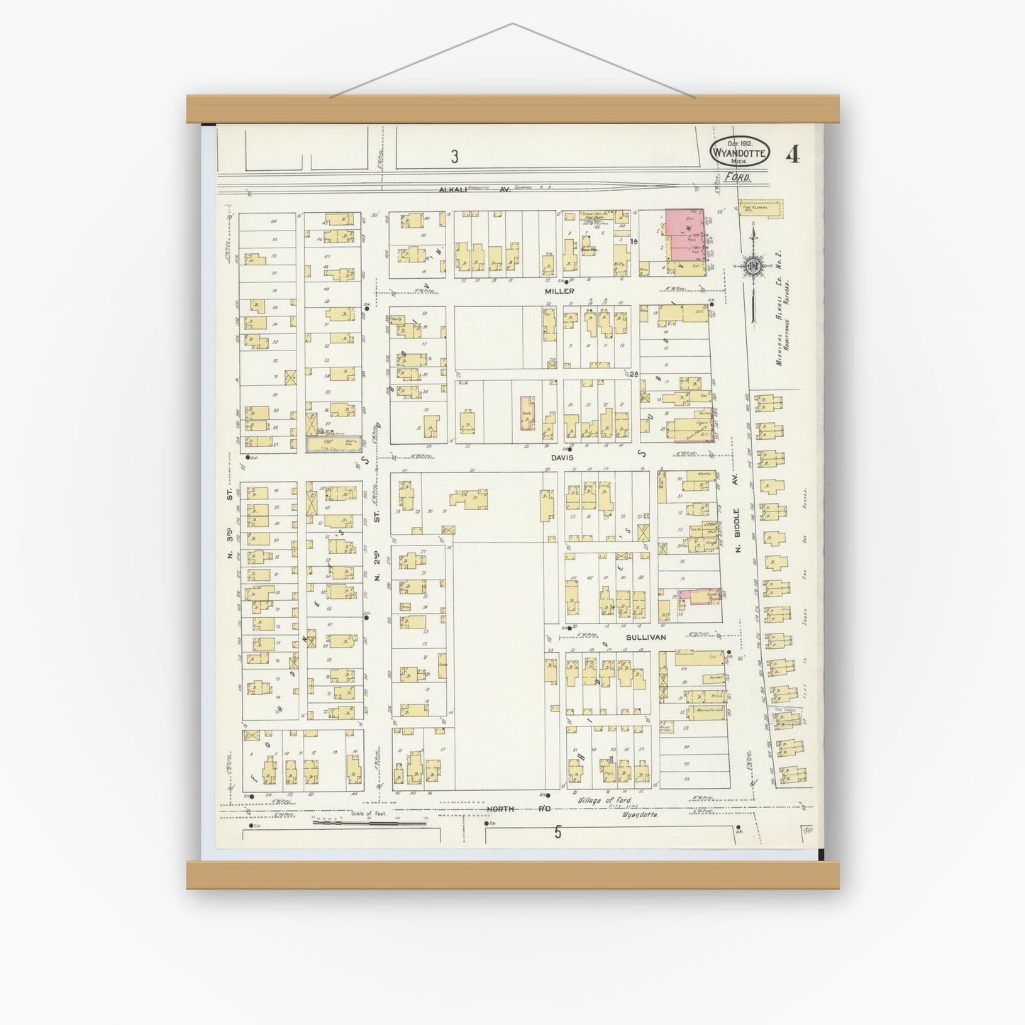 Old map wall art mockup — magnetic wood frame on white wall — Sanborn Fire Insurance Map from Wyandotte, Wayne County, Michigan (1912), Sheet #0004