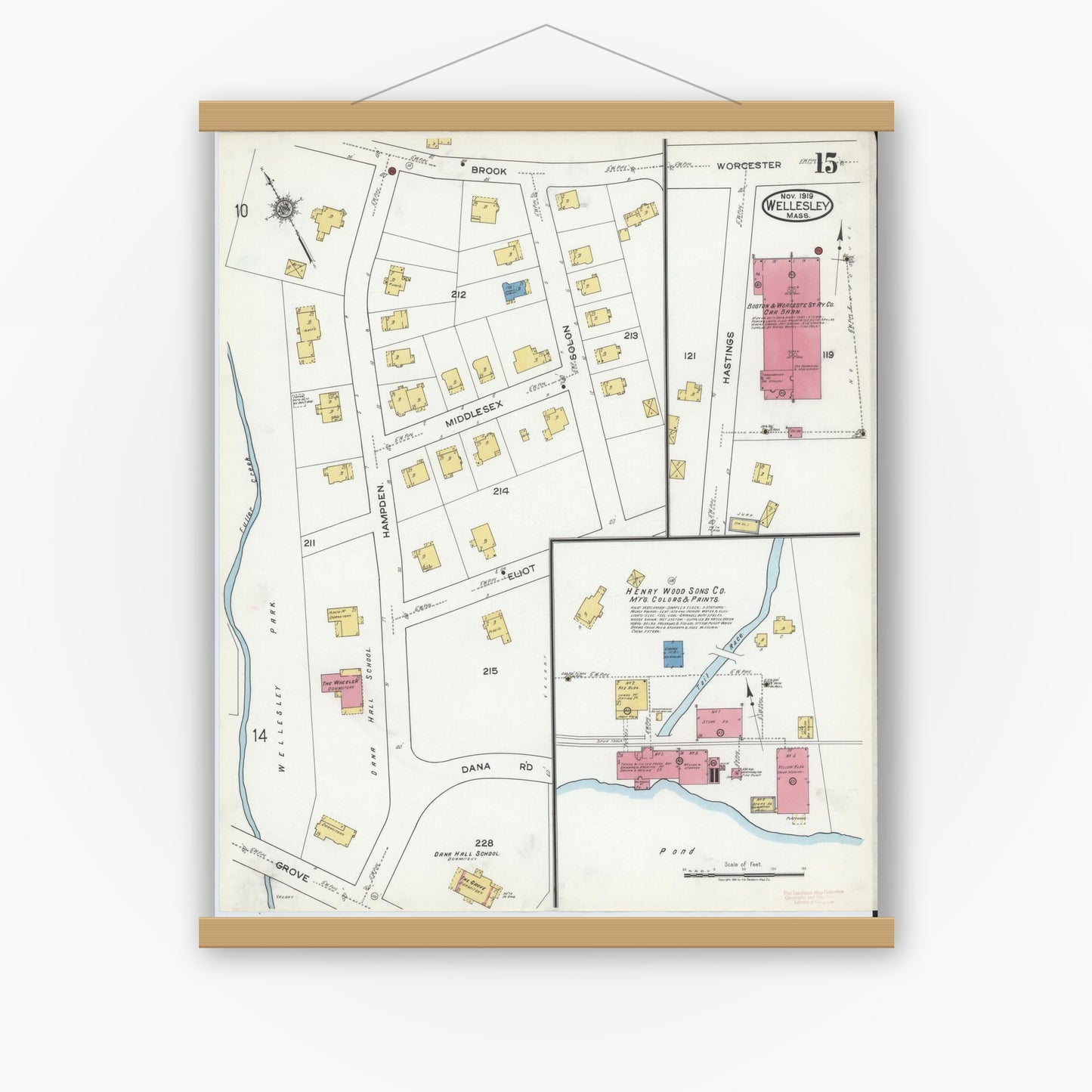 Old map wall art mockup — magnetic wood frame on white wall — Sanborn Fire Insurance Map from Wellesley, Norfolk County, Massachusetts (1919), Sheet #0015