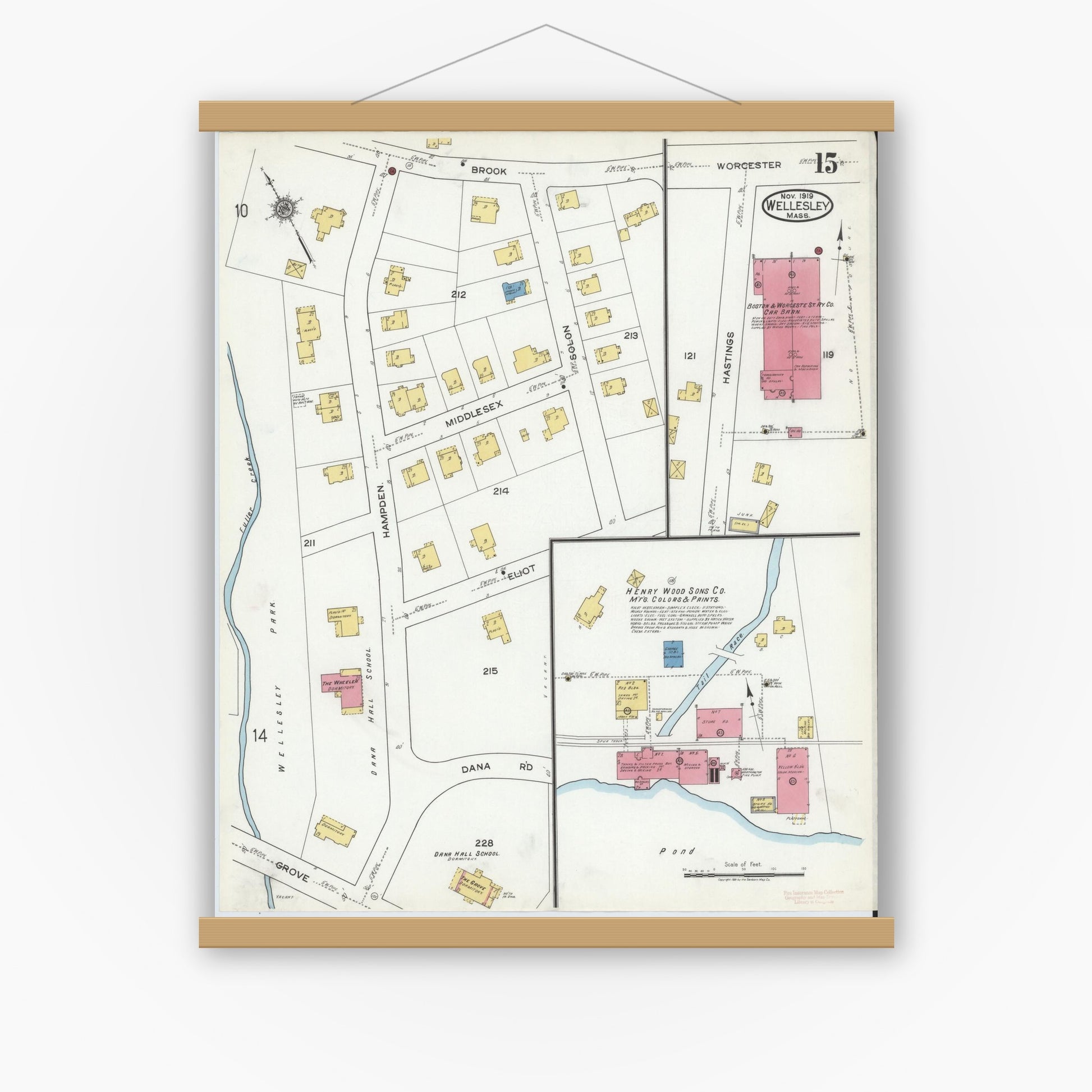 Old map wall art mockup — magnetic wood frame on white wall — Sanborn Fire Insurance Map from Wellesley, Norfolk County, Massachusetts (1919), Sheet #0015