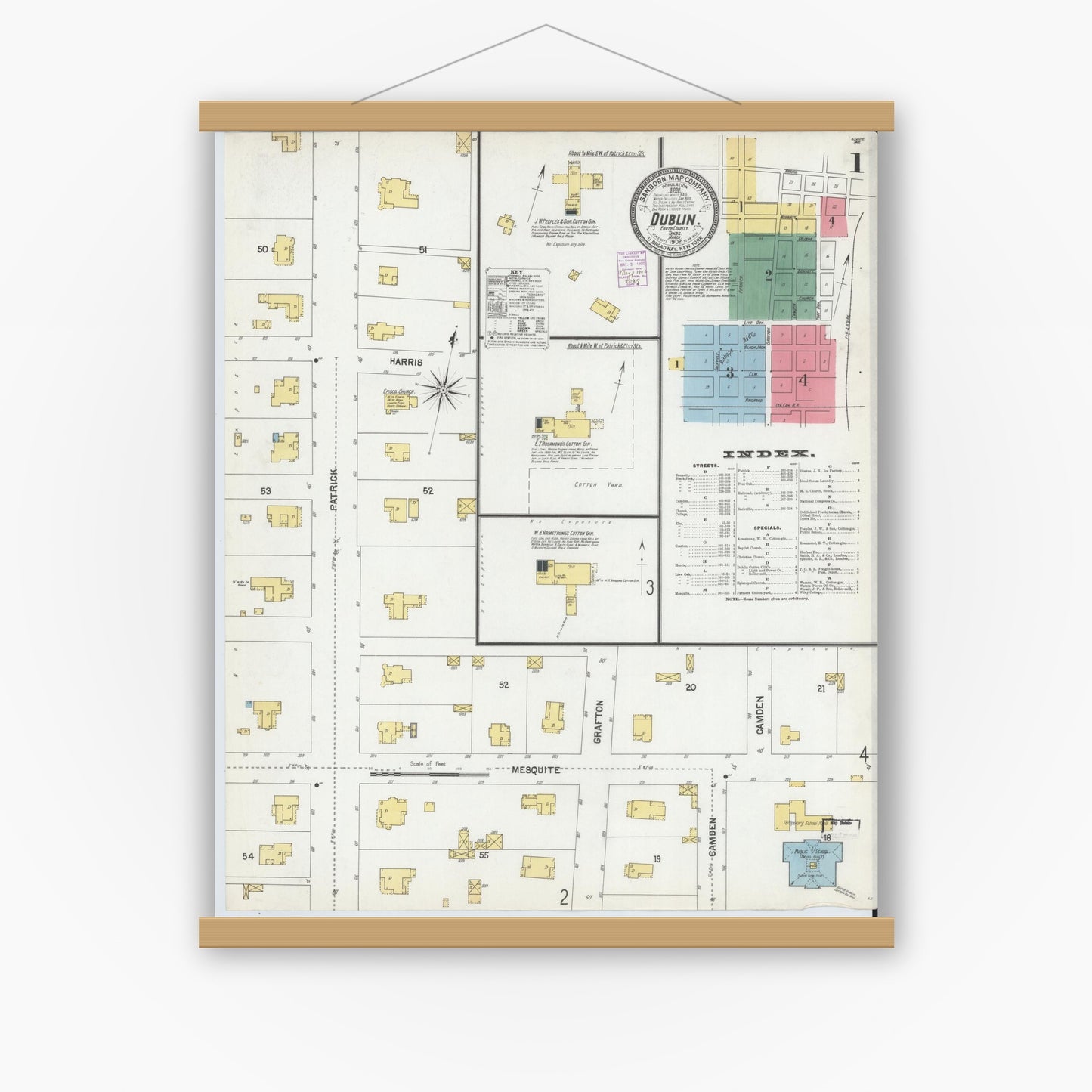 Old map wall art mockup — magnetic wood frame on white wall — Sanborn Fire Insurance Map from Dublin, Erath County, Texas (1902) - Complete Map Set