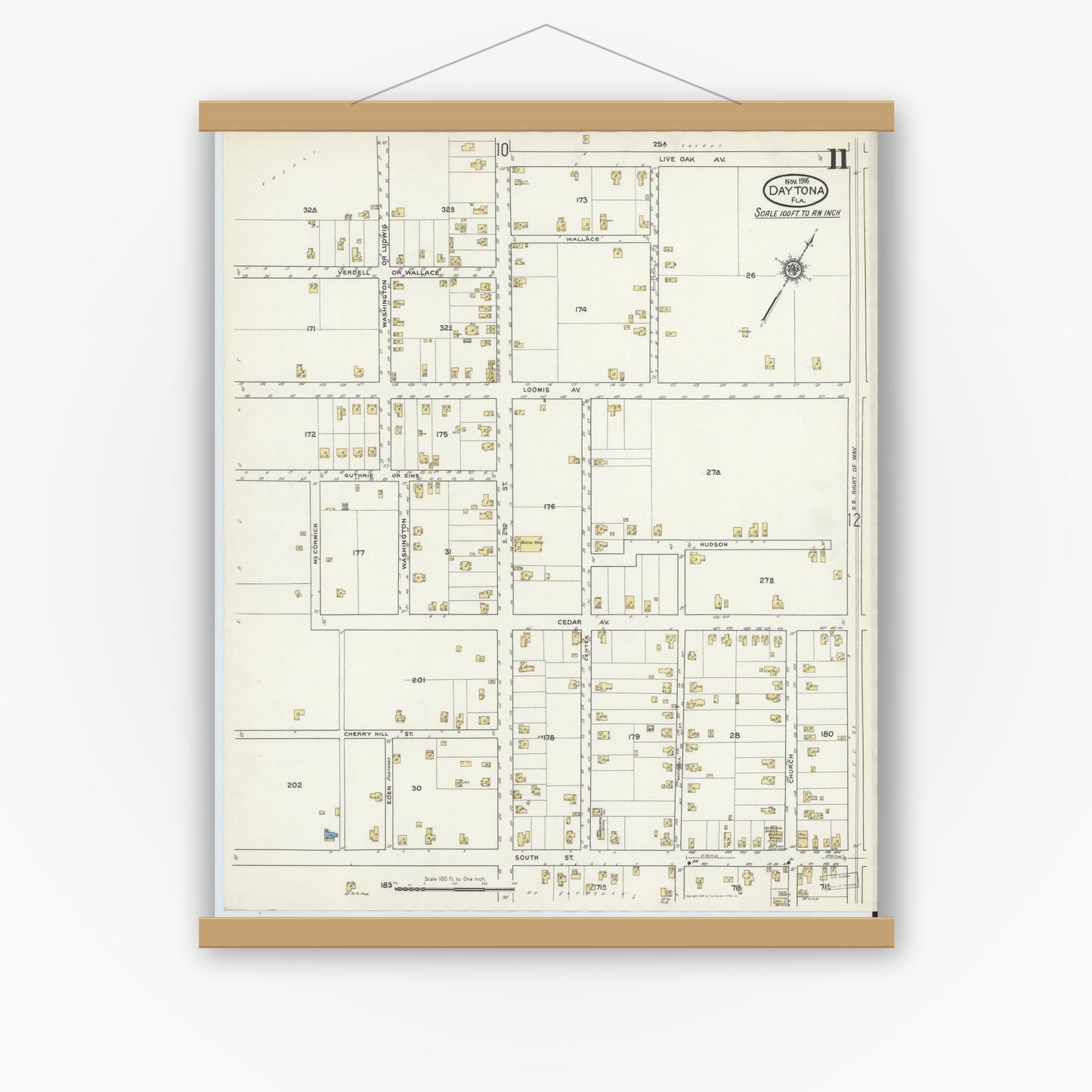Old map wall art mockup — magnetic wood frame on white wall — Sanborn Fire Insurance Map from Daytona, Volusia County, Florida (1916), Sheet #0011