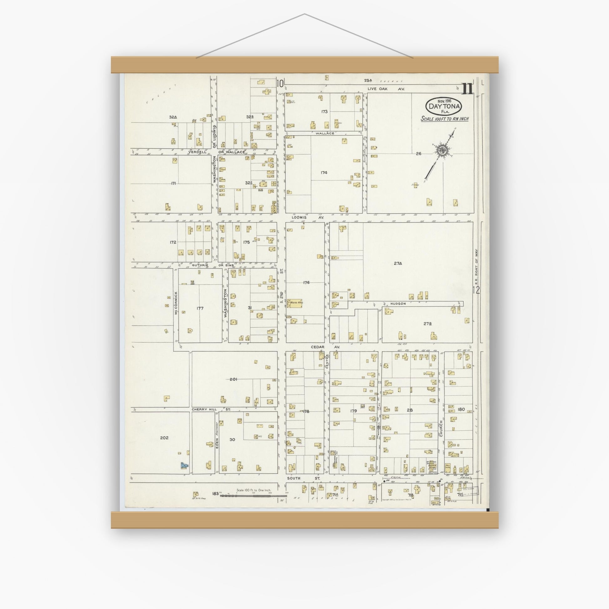 Old map wall art mockup — magnetic wood frame on white wall — Sanborn Fire Insurance Map from Daytona, Volusia County, Florida (1916), Sheet #0011