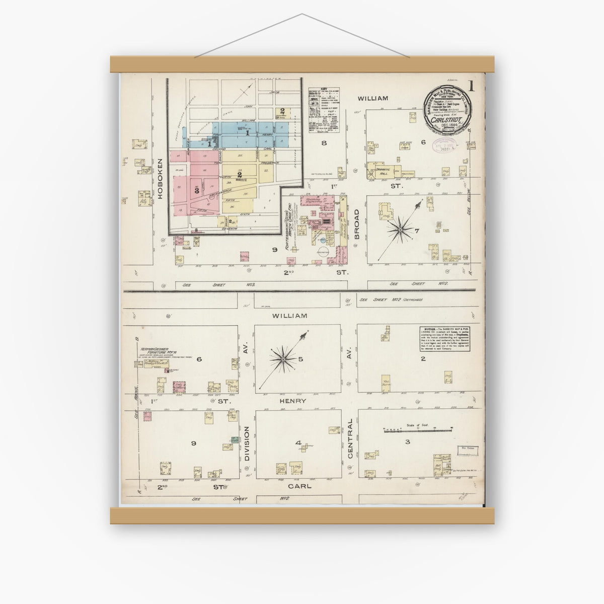 Old map wall art mockup — magnetic wood frame on white wall — Sanborn Fire Insurance Map from Carlstadt, Bergen County, New Jersey (1884) - Complete Map Set