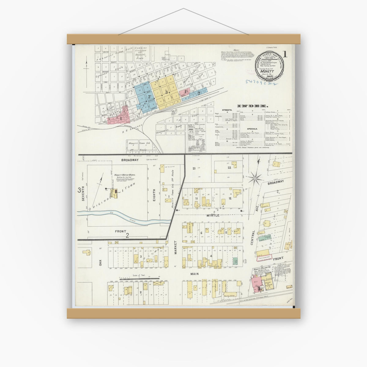 Old map wall art mockup — magnetic wood frame on white wall — Sanborn Fire Insurance Map from Monett, Barry County, Missouri (1897), Sheet #0001