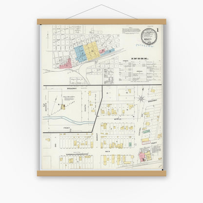 Old map wall art mockup — magnetic wood frame on white wall — Sanborn Fire Insurance Map from Monett, Barry County, Missouri (1897), Sheet #0001