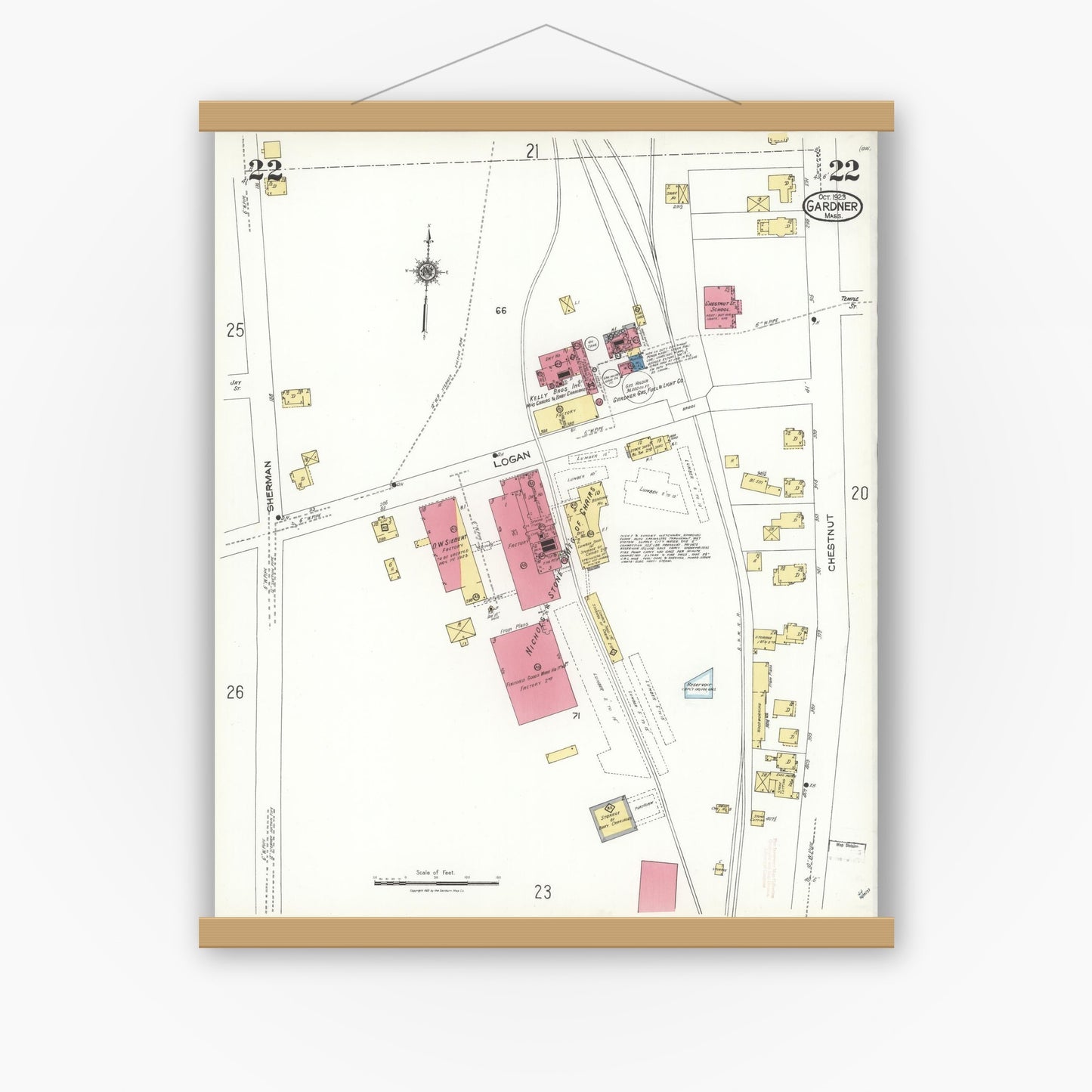 Old map wall art mockup — magnetic wood frame on white wall — Sanborn Fire Insurance Map from Gardner, Worcester County, Massachusetts (1923), Sheet #0022