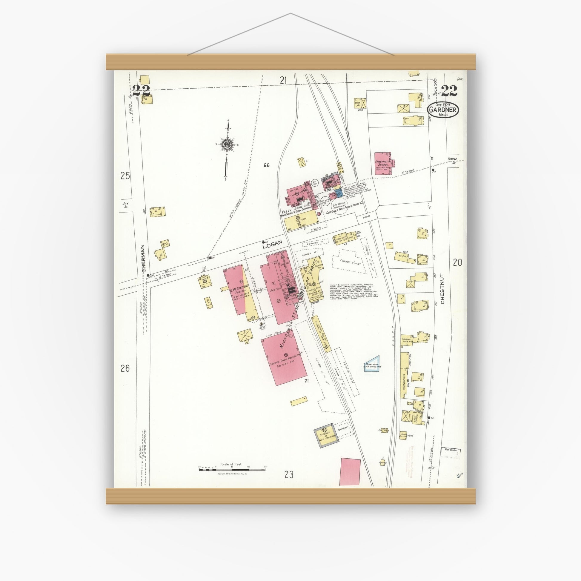 Old map wall art mockup — magnetic wood frame on white wall — Sanborn Fire Insurance Map from Gardner, Worcester County, Massachusetts (1923), Sheet #0022