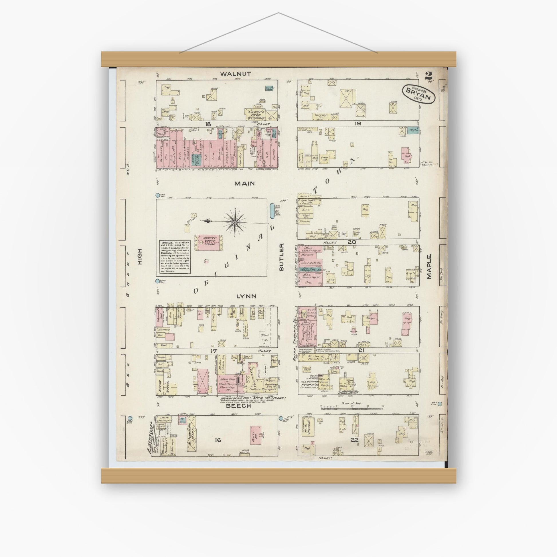 Old map wall art mockup — magnetic wood frame on white wall — Sanborn Fire Insurance Map from Bryan, Williams County, Ohio (1884), Sheet #0002