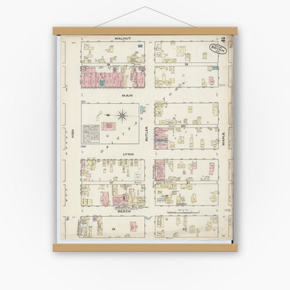 Old map wall art mockup — magnetic wood frame on white wall — Sanborn Fire Insurance Map from Bryan, Williams County, Ohio (1884), Sheet #0002