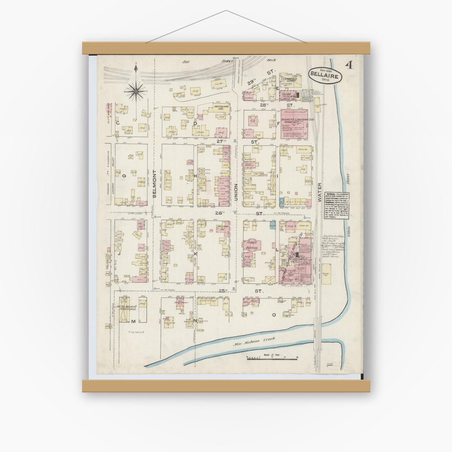 Old map wall art mockup — magnetic wood frame on white wall — Sanborn Fire Insurance Map from Bellaire, Belmont County, Ohio (1884), Sheet #0004