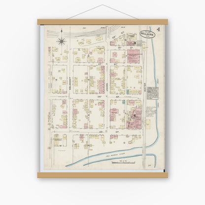 Old map wall art mockup — magnetic wood frame on white wall — Sanborn Fire Insurance Map from Bellaire, Belmont County, Ohio (1884), Sheet #0004