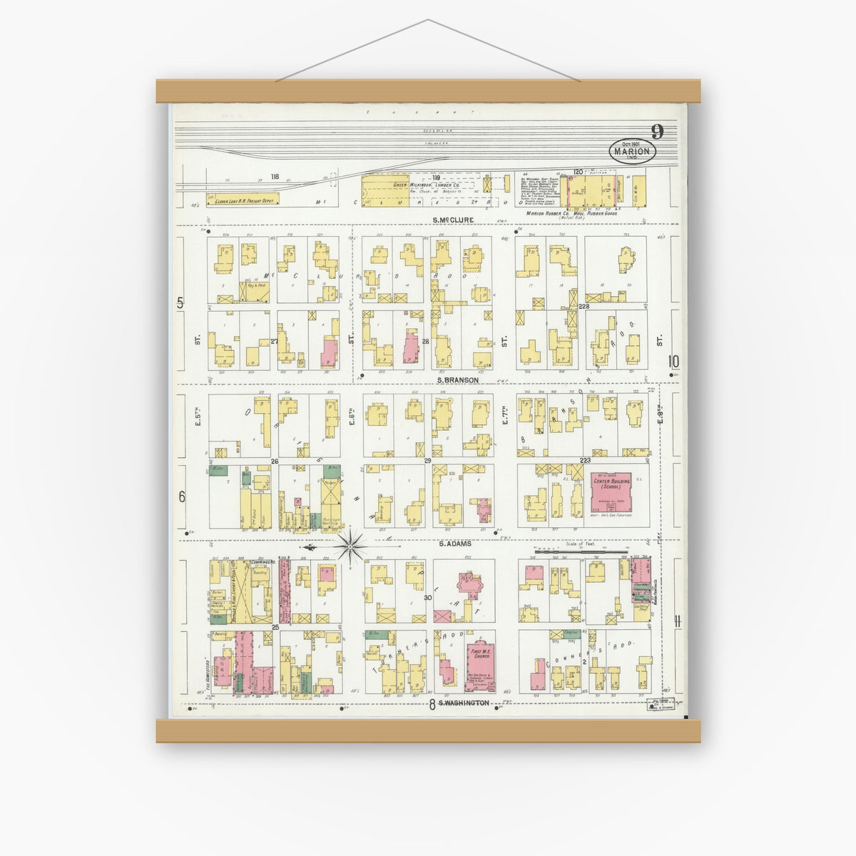 Old map wall art mockup — magnetic wood frame on white wall — Sanborn Fire Insurance Map from Marion, Grant County, Indiana (1901), Sheet #0009