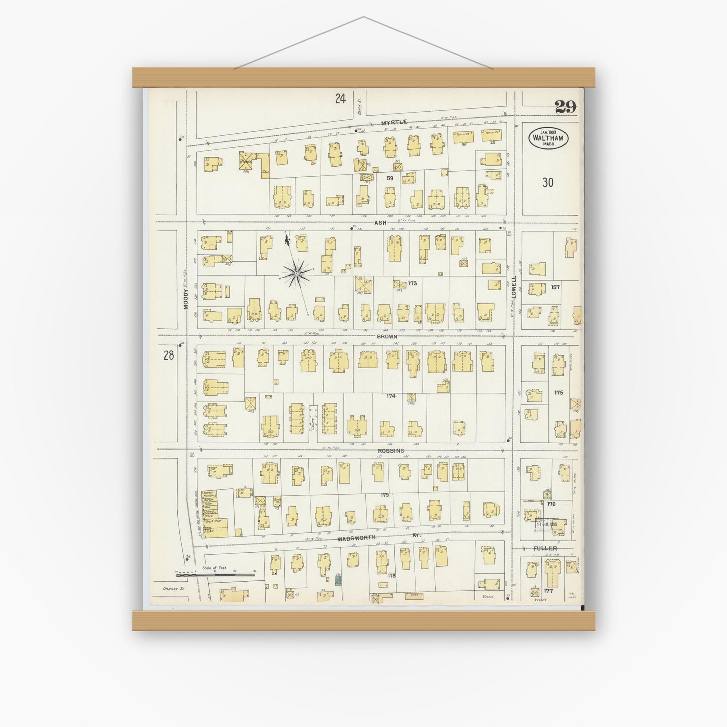 Old map wall art mockup — magnetic wood frame on white wall — Sanborn Fire Insurance Map from Waltham, Middlesex County, Massachusetts (1903), Sheet #0029