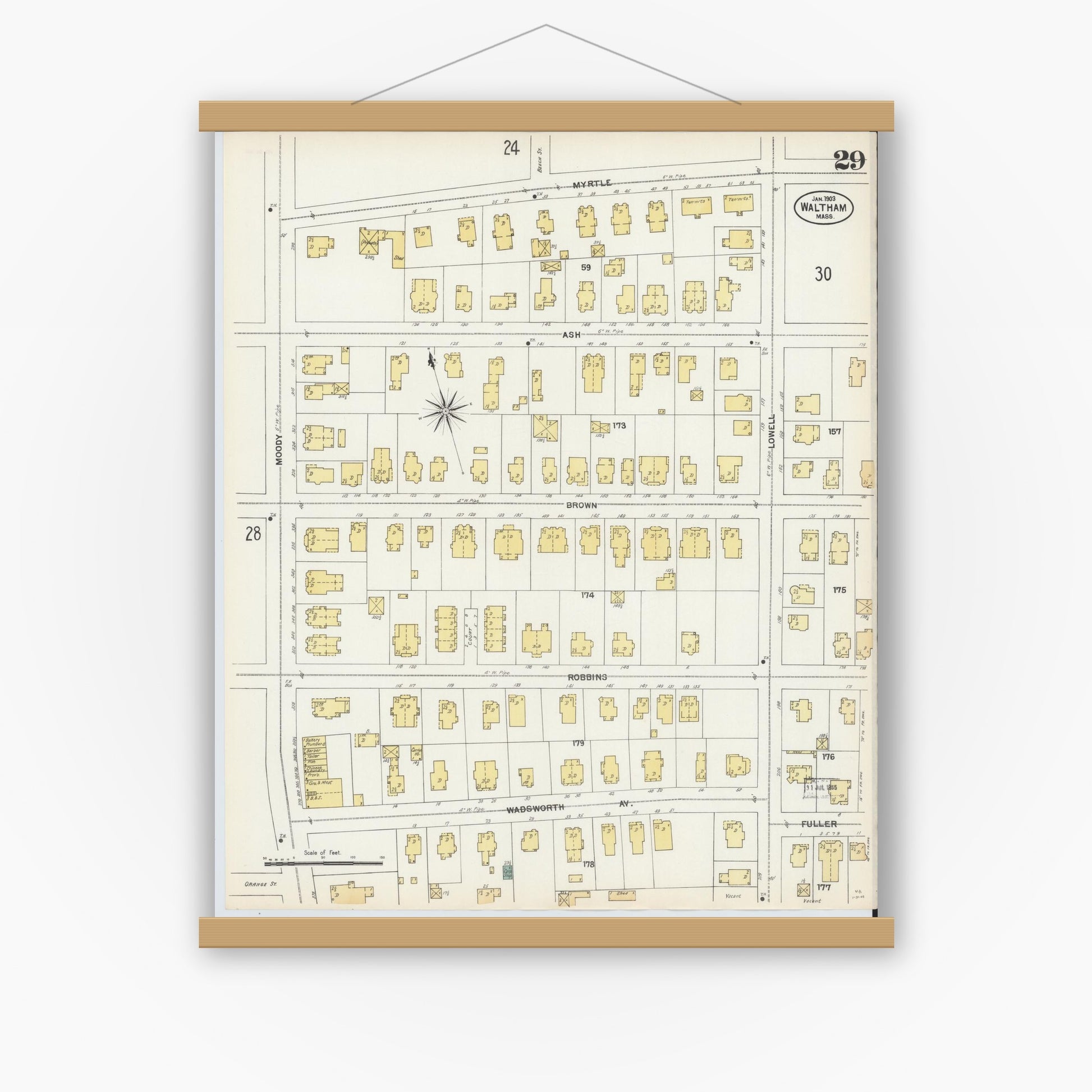 Old map wall art mockup — magnetic wood frame on white wall — Sanborn Fire Insurance Map from Waltham, Middlesex County, Massachusetts (1903), Sheet #0029