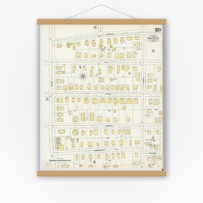 Old map wall art mockup — magnetic wood frame on white wall — Sanborn Fire Insurance Map from Waltham, Middlesex County, Massachusetts (1903), Sheet #0029