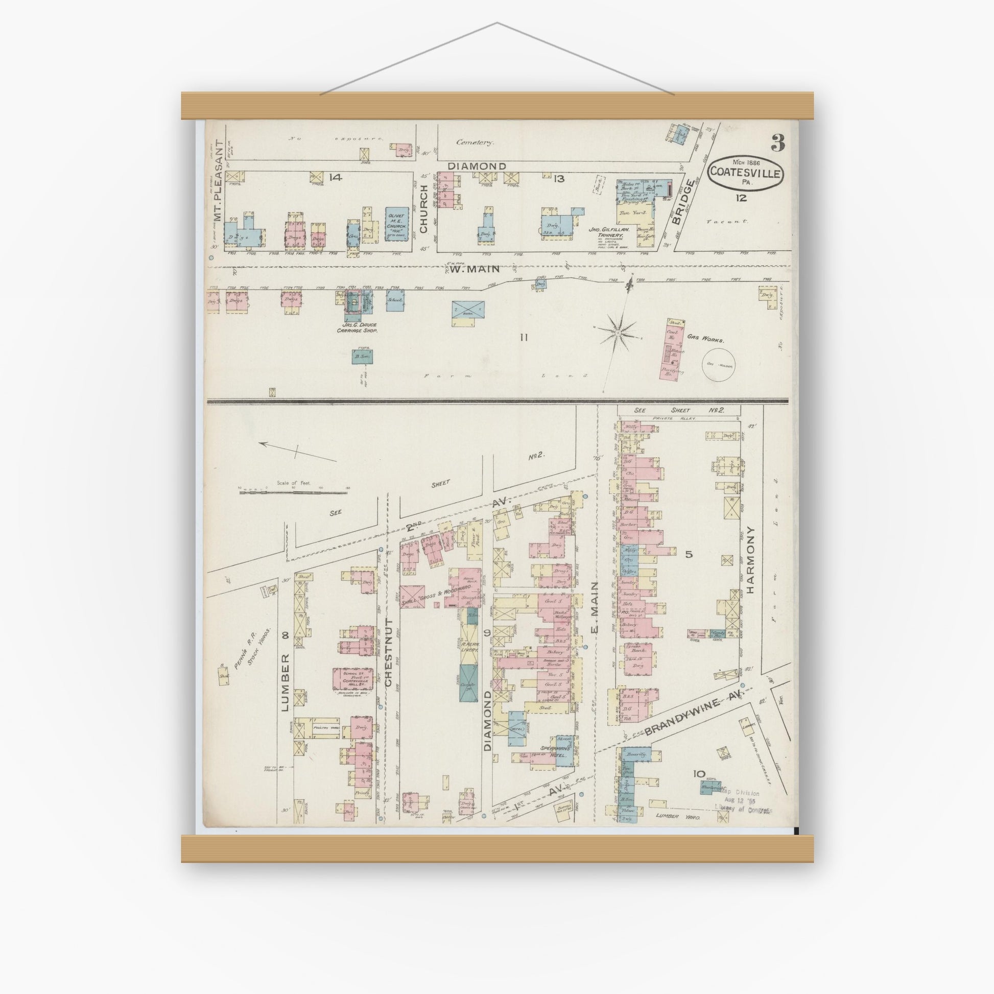 Old map wall art mockup — magnetic wood frame on white wall — Sanborn Fire Insurance Map from Coatesville, Chester County, Pennsylvania (1886), Sheet #0003
